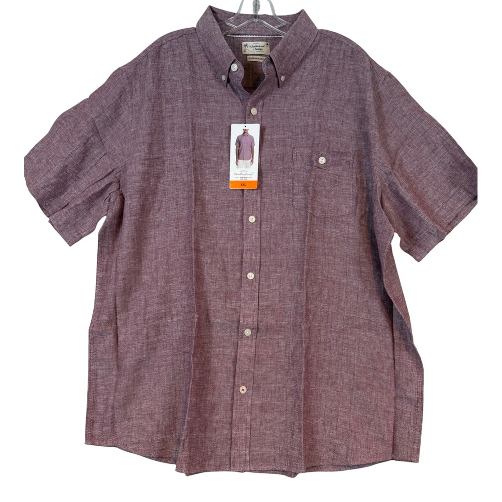 NWT Weatherproof Vintage Mens XXL Burgundy Linen Cotton S/S Button Down Shirt
